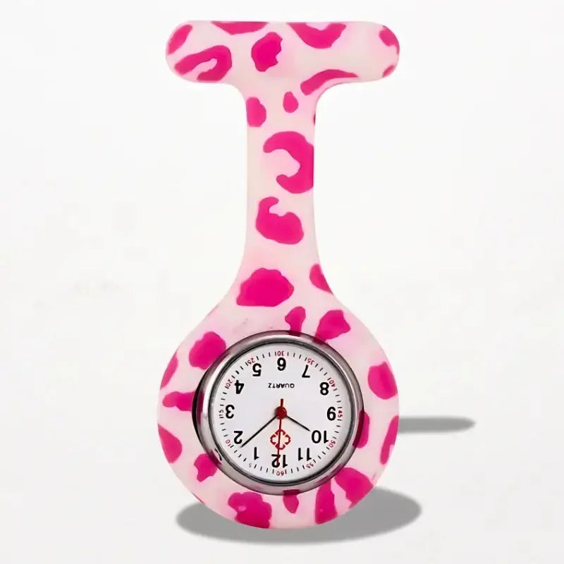 Pink leopard-print silicone nurse watch with round white face and silver bezel from original nurse watch collection
