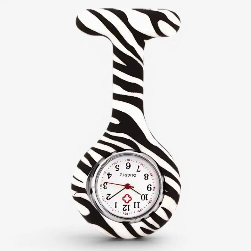 Original nurse watch with zebra-print silicone clip band silver-toned face and red hands for medical professionals