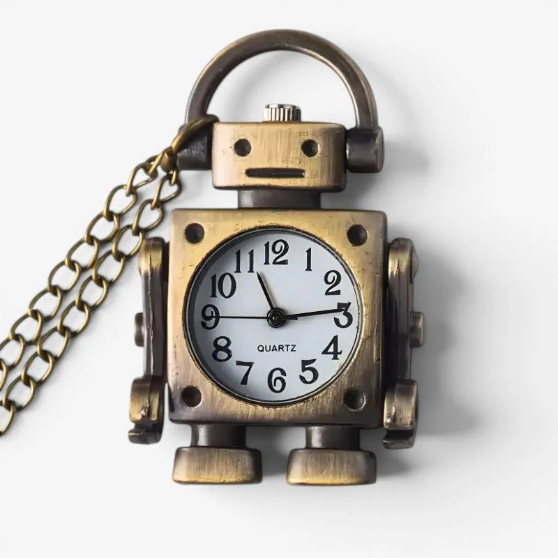 Original pocket watch antique brass robot-shaped pocket watch with white face black numerals and wearing chain
