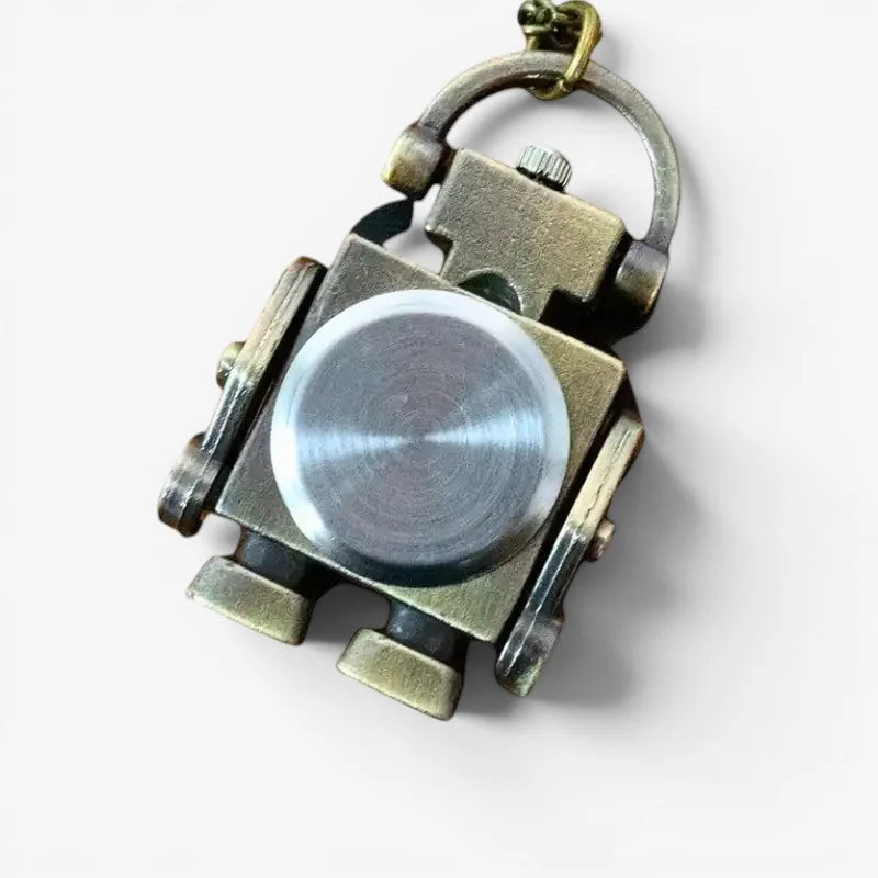 Original pocket watch antique brass robot keychain with brushed silver circular face and articulated limbs