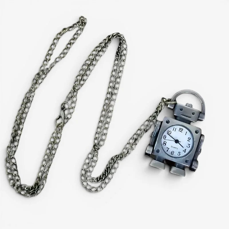 Silver original pocket watch with a robot-themed square face and metallic construction attached to a chain