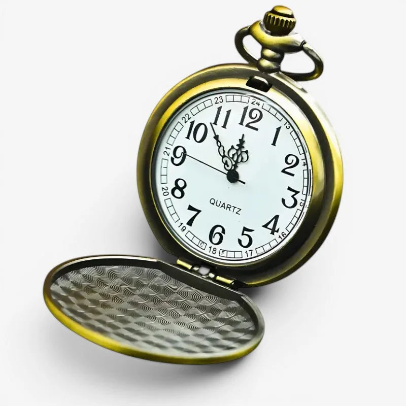 Antique brass-finished owl pocket watch with white dial black arabic numerals and textured inner case