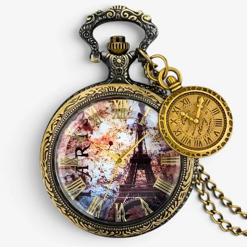 Antique-style brass Paris pocket watch with engraved case and colorful Eiffel Tower design on the face