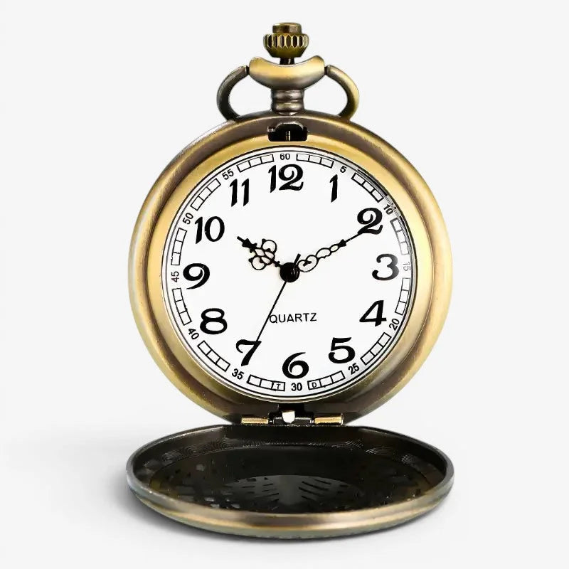 Antique brass-finished peacock pocket watch with white dial black arabic numerals and ornate hands