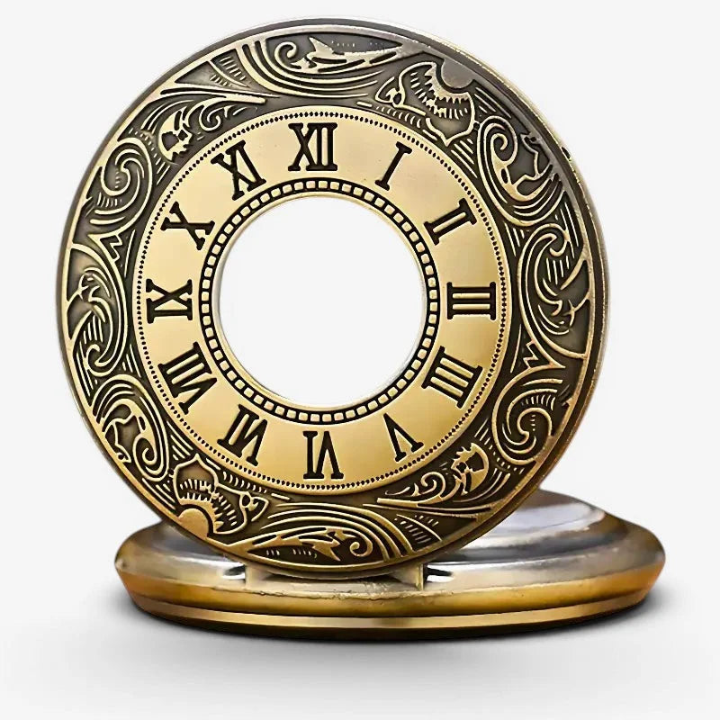 Antique brass peaky blinders pocket watch with intricate engravings and roman numerals on its face