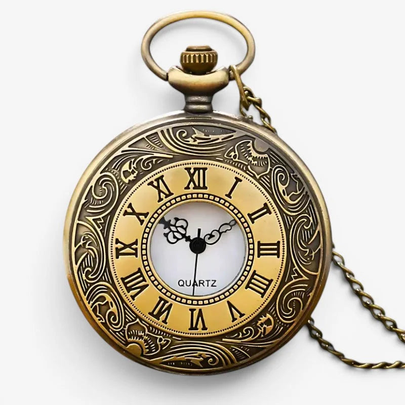 Antique brass peaky blinders pocket watch with ornate engravings roman numerals cream face quartz movement