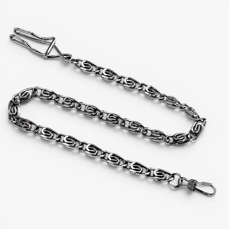Silver-toned metal pocket watch chain with interlocking s-shaped links and clasps for peaky blinders pocket watch