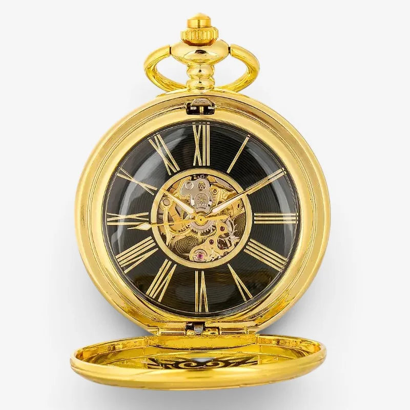 Golden phoenix pocket watch with black face roman numerals and exposed mechanical movement in metal case