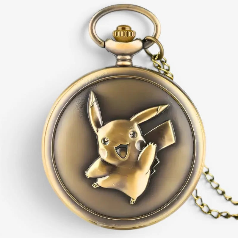 Antique brass-finished pikachu pocket watch with raised three-dimensional design on the face