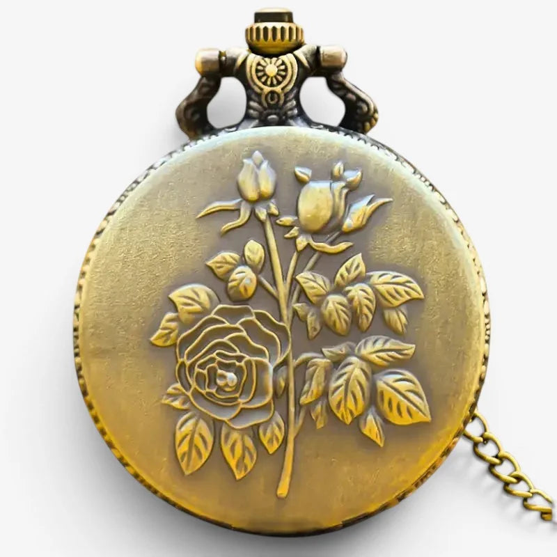 Antique brass pink flower pocket watch with embossed rose design and decorative crown for vintage style timekeeping