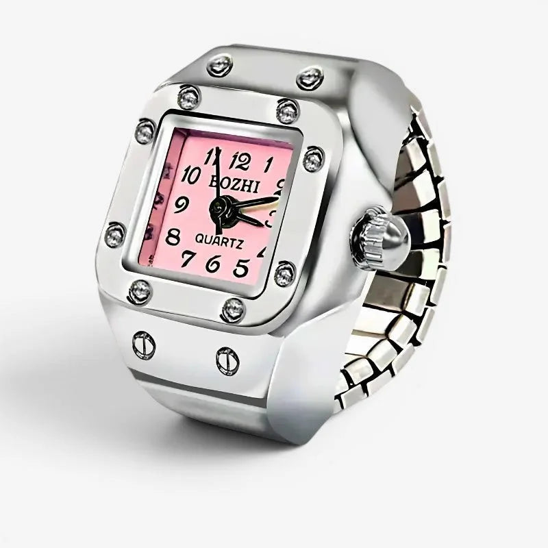 Silver-toned bozhi pink rectangular ring watch with square face, black numerals, and clear gemstone bezel accents