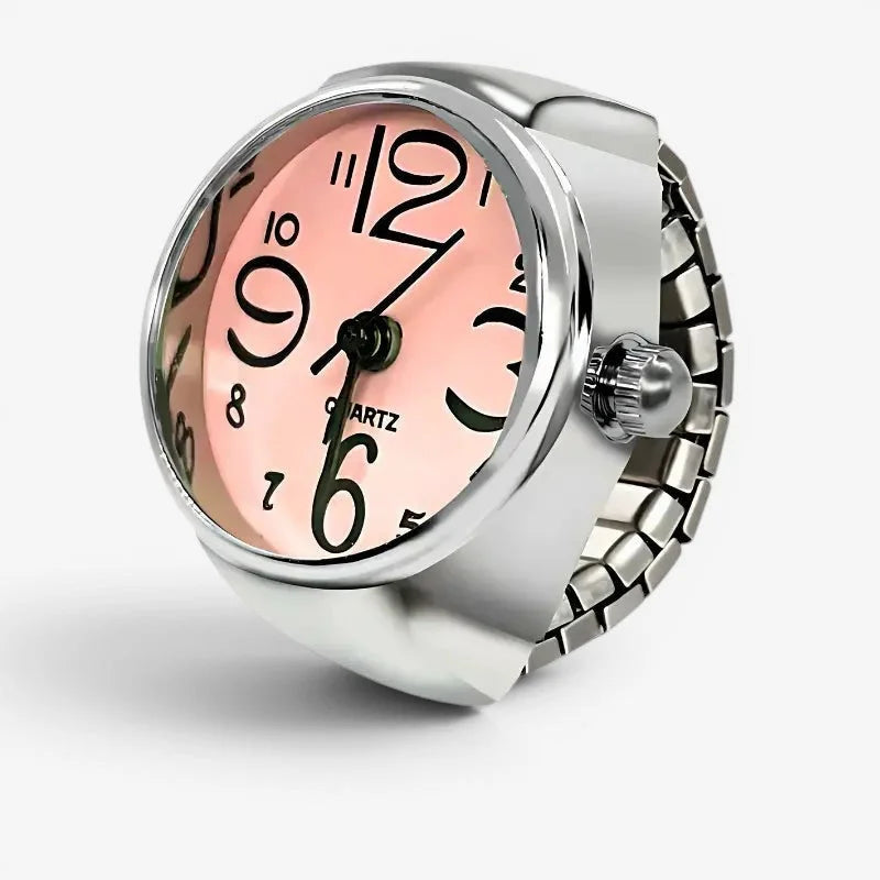 A sleek silver toned quartz ring watch with a soft pink face and bold black numerals called pink ring watch