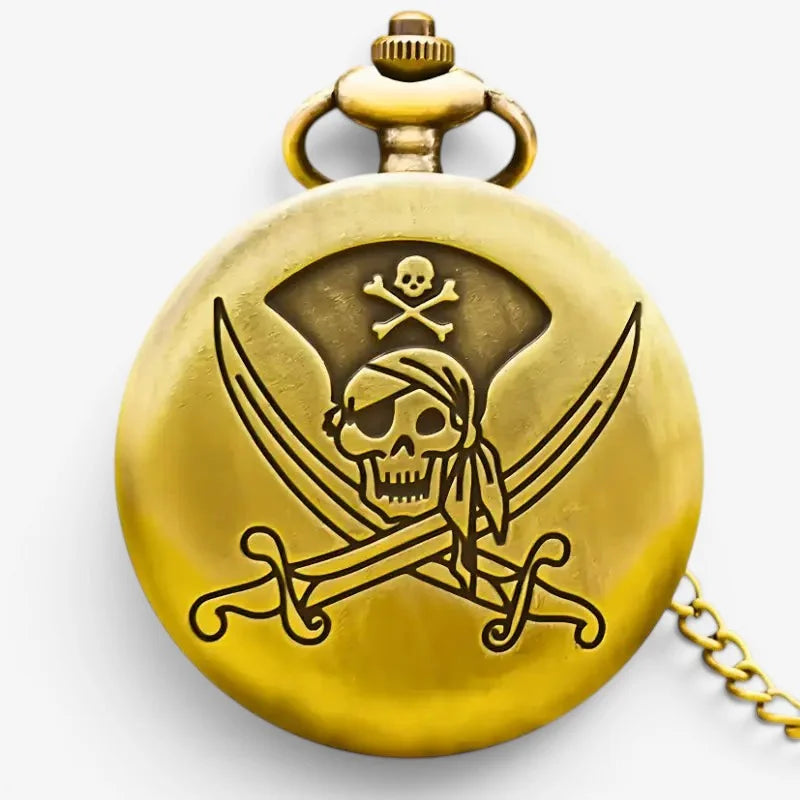 Golden brass pirate pocket watch with detailed skull and crossbones emblem and crossed swords on the cover