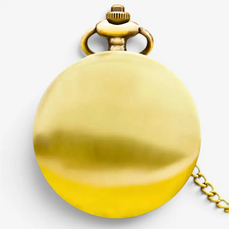 Golden pirate pocket watch with polished brass finish and attached chain for vintage style timekeeping