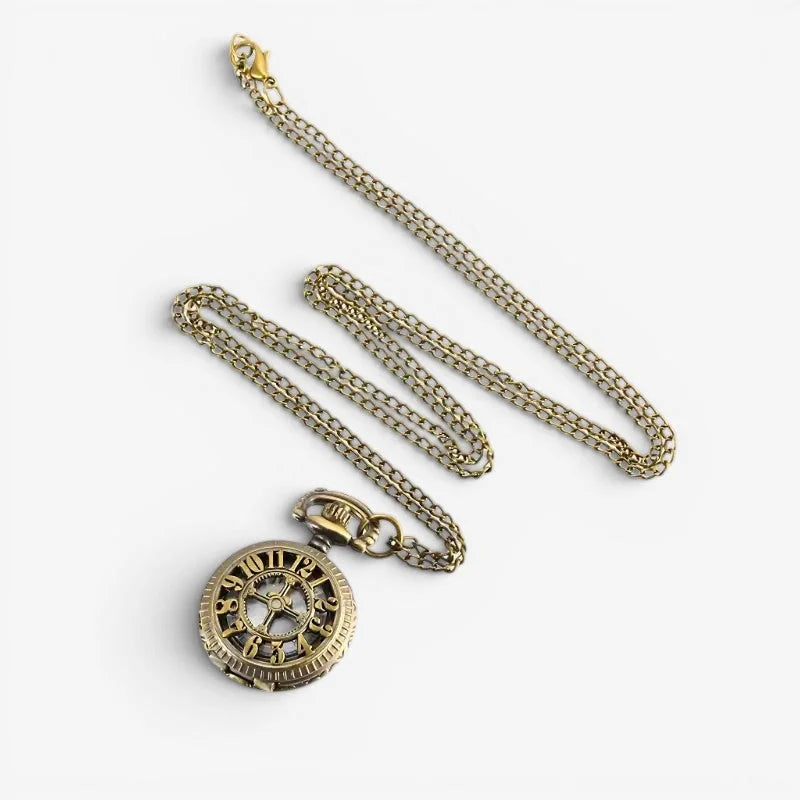 Antique brass-finished pocket watch necklace with detailed gear face and roman numeral markings on ornate chain