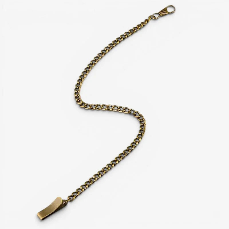 Antique brass pocket watch chain fob with flat rectangular clasp and matching looped clip for secure attachment