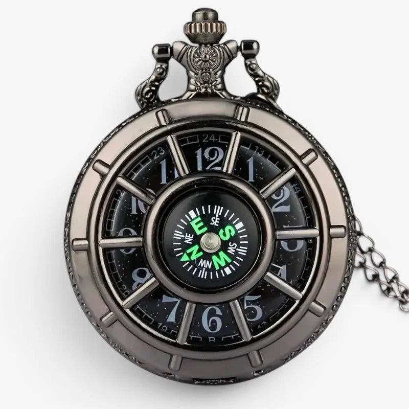 Antique-style black pocket watch compass combo with silver-toned metal casing and detailed compass face