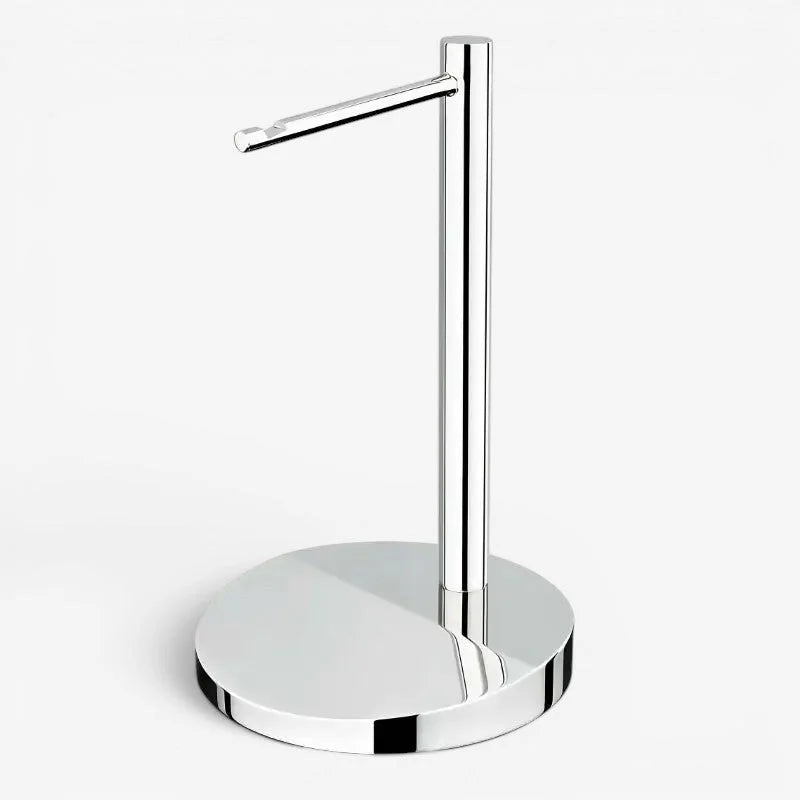 Chrome-finished metal pocket watch display stand with sleek minimalist design and circular base
