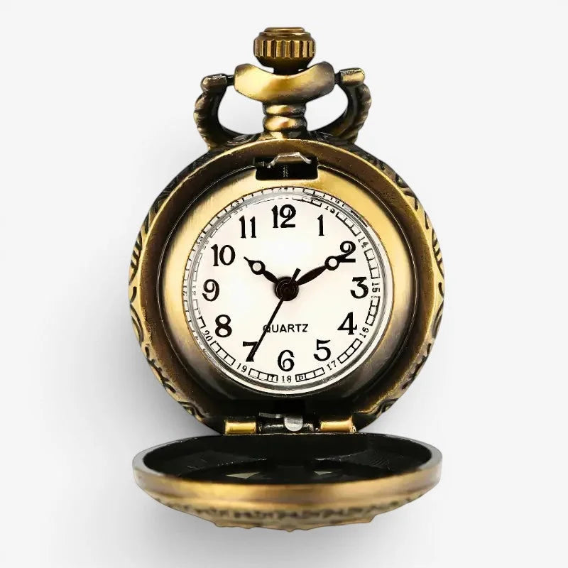 Antique brass-finished pocket watch fob pendant with white dial black arabic numerals and quartz label