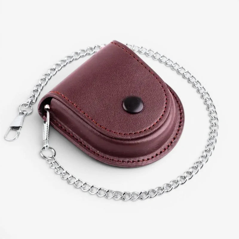 Pocket watch pouch burgundy leather chain wallet with silver toned metal clasp and button closure