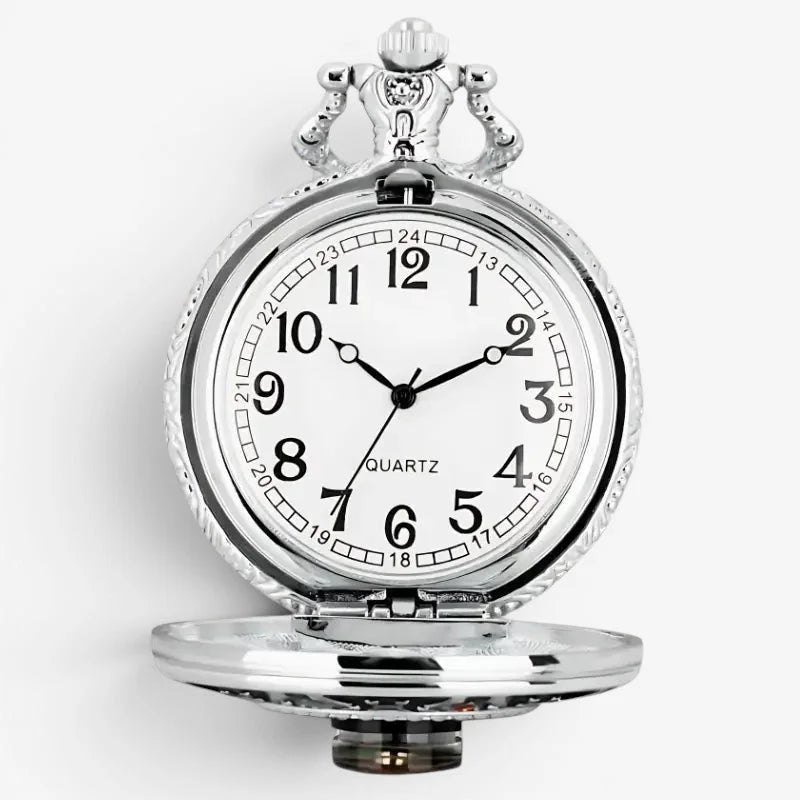 Silver-toned pocket watch with white face black numerals hands and ornate crown top with built-in compass feature