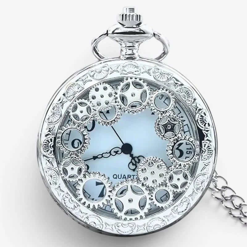 Silver-toned pocket watch with intricate gears and light blue face showing visible mechanical components through dial