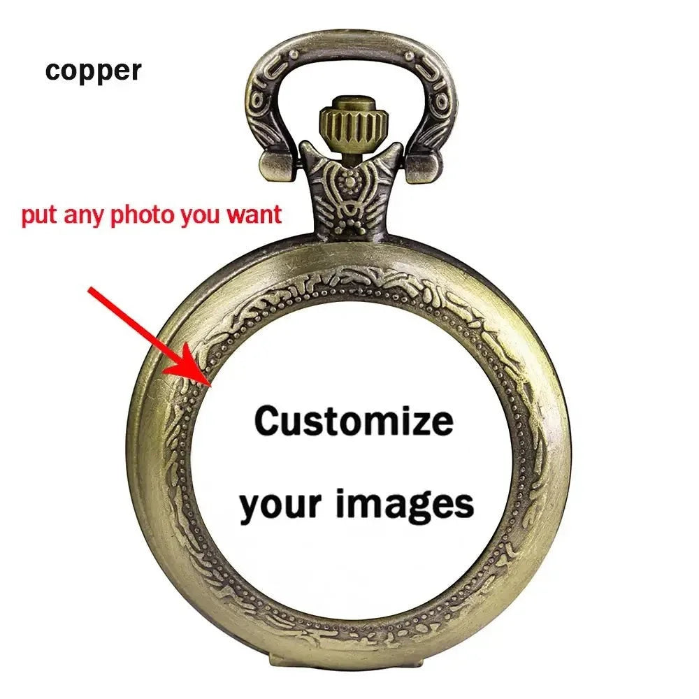 Antique-style copper pocket watch case with ornate engraved detailing and a decorative hinged clasp showing the back side