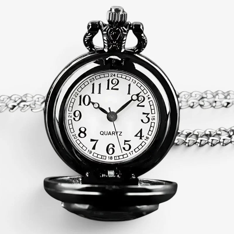 Black antique-style pocket watch with white quartz dial and silver-toned chain for photo display purposes