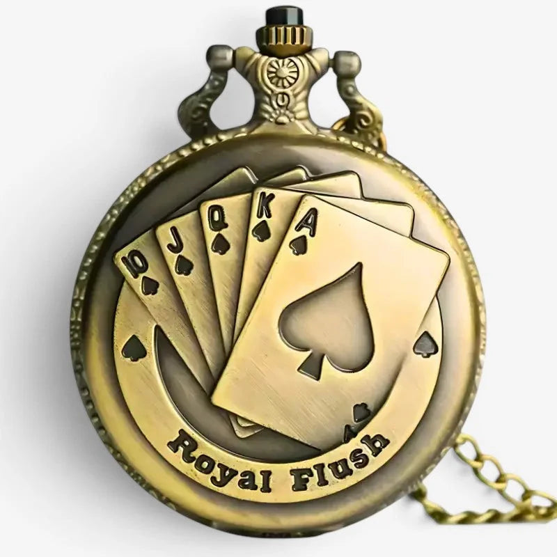 Antique brass-colored poker pocket watch with royal flush spade cards design and ornate crown-shaped top