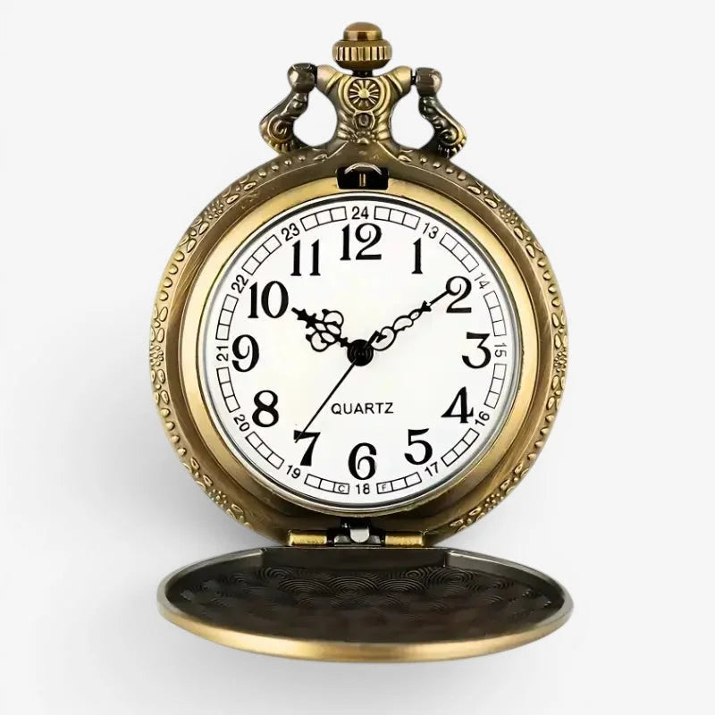 Poker pocket watch with antique brass finish white dial black arabic numerals and ornate hinged case