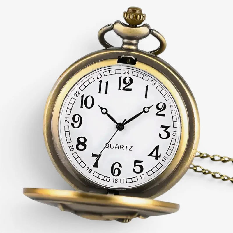 Antique brass-finished punisher pocket watch with white face black arabic numerals and quartz movement