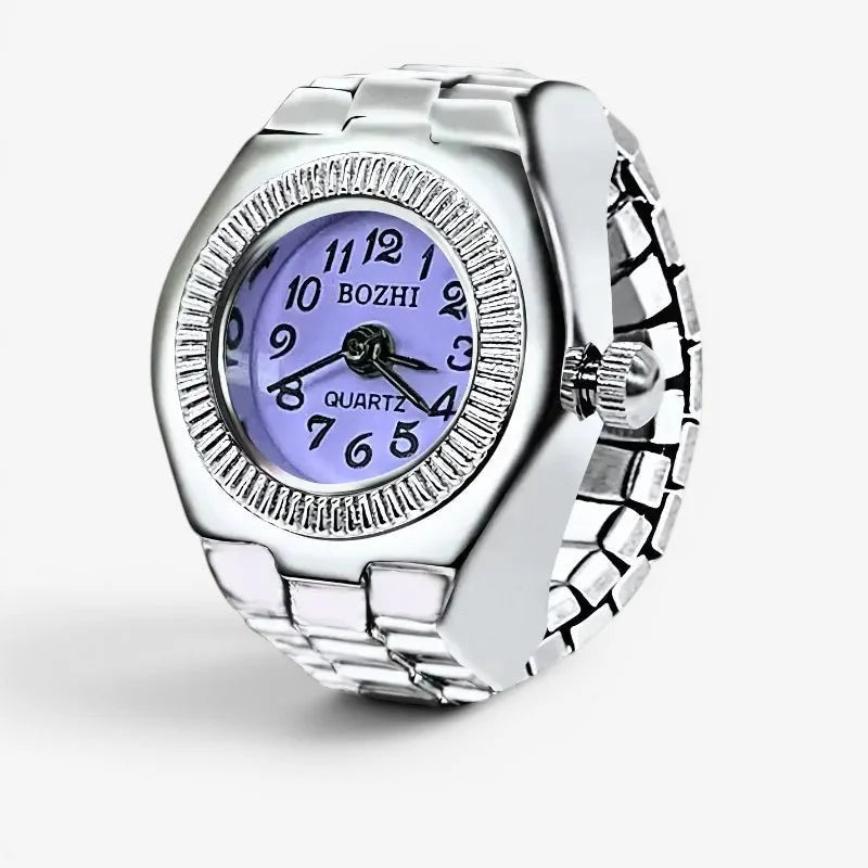 Silver-toned bozhi brand quartz ring watch with lavender dial and textured bezel in purple quartz ring watch design
