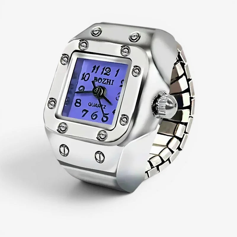 Purple rectangular silver-toned quartz ring watch with a square blue dial black numerals bozhi brand clear gemstones