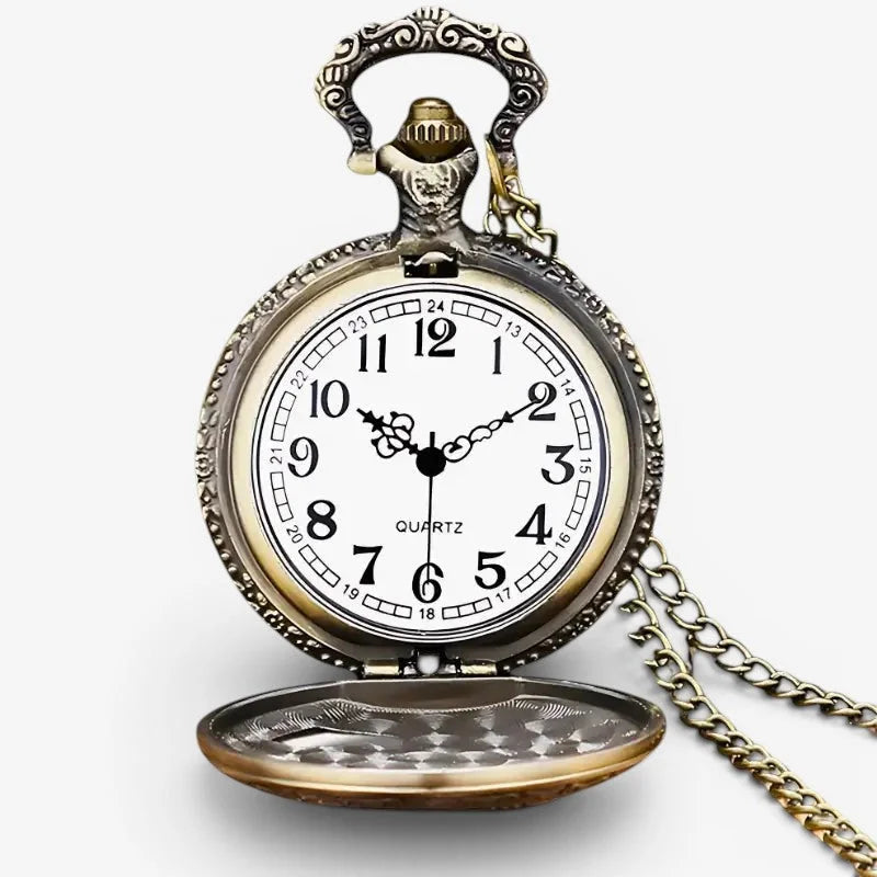 Quartz Eagle pocket watch antique style silver-toned with ornate engraved casing white face and black arabic numerals