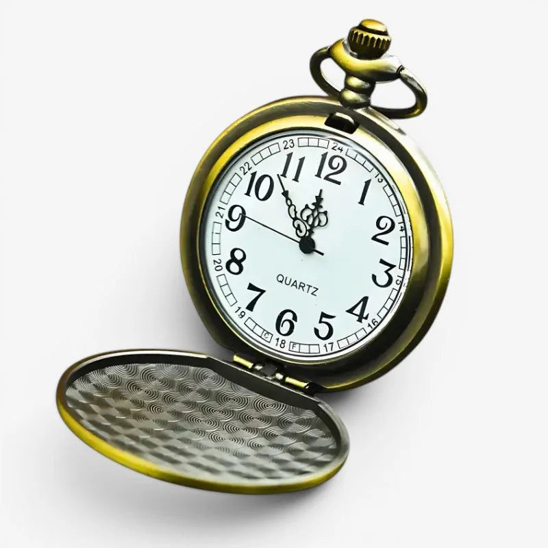 Antique brass-finished quartz flower pocket watch with white dial black arabic numerals and ornate hour markers