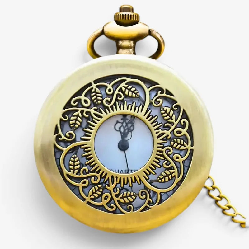 Antique gold-toned quartz flower pocket watch with intricate leaf and vine filigree design around the face