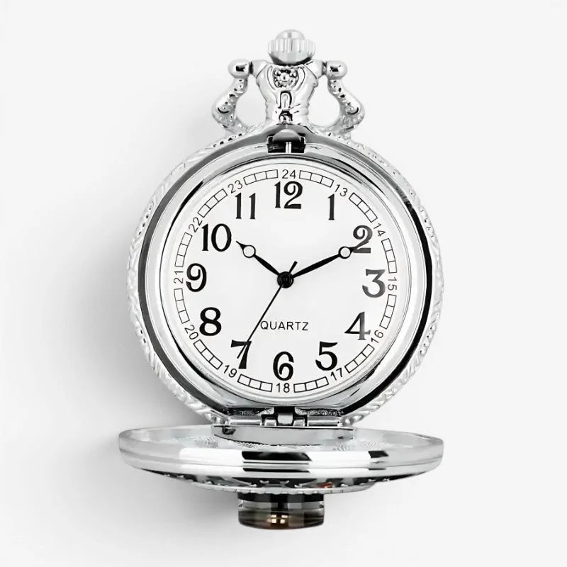 Silver-toned quartz pocket watch necklace with classic round white dial black numerals hands and ornate crown