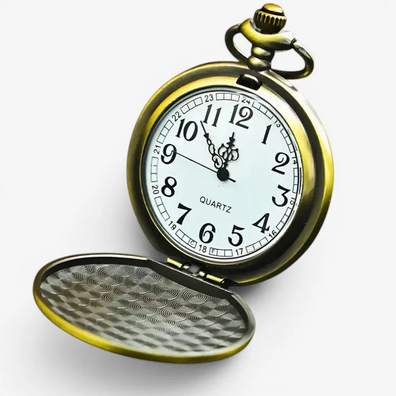 Quartz Star pocket watch with antique brass finish white dial black arabic numerals and ornate hands