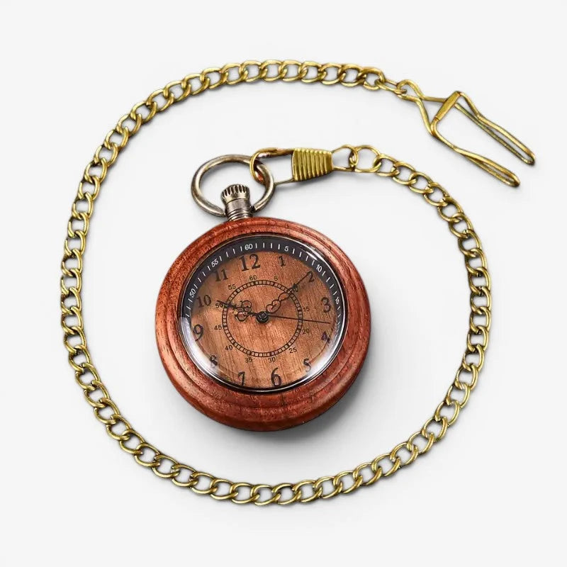 Quartz wood pocket watch with a vintage style featuring a reddish-brown wooden case and brass-colored metal chain