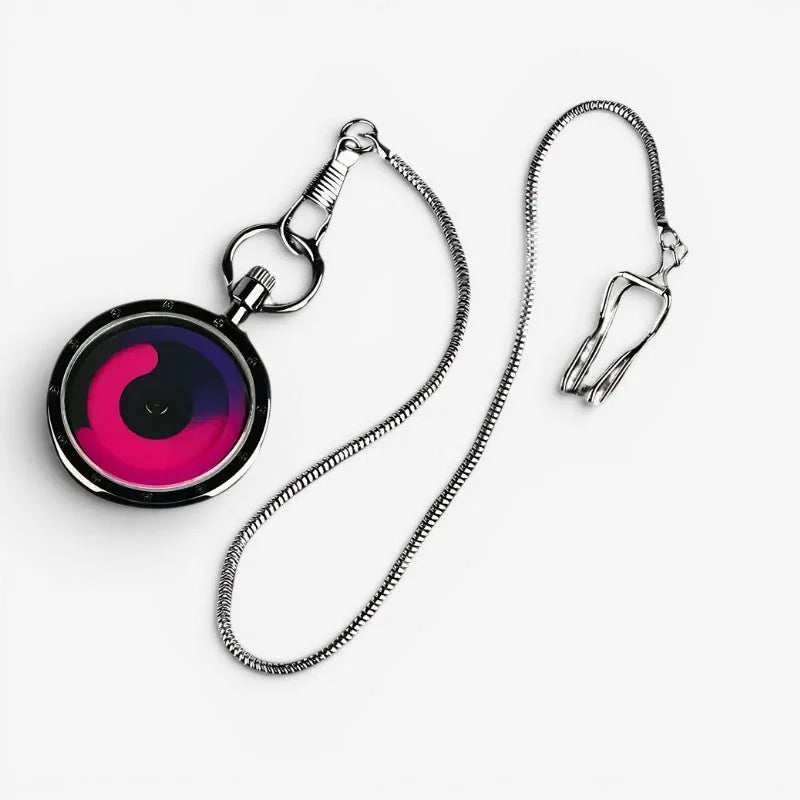 Red futuristic pocket watch with silver-toned body, vibrant pink and purple gradient face, and sleek metallic chain
