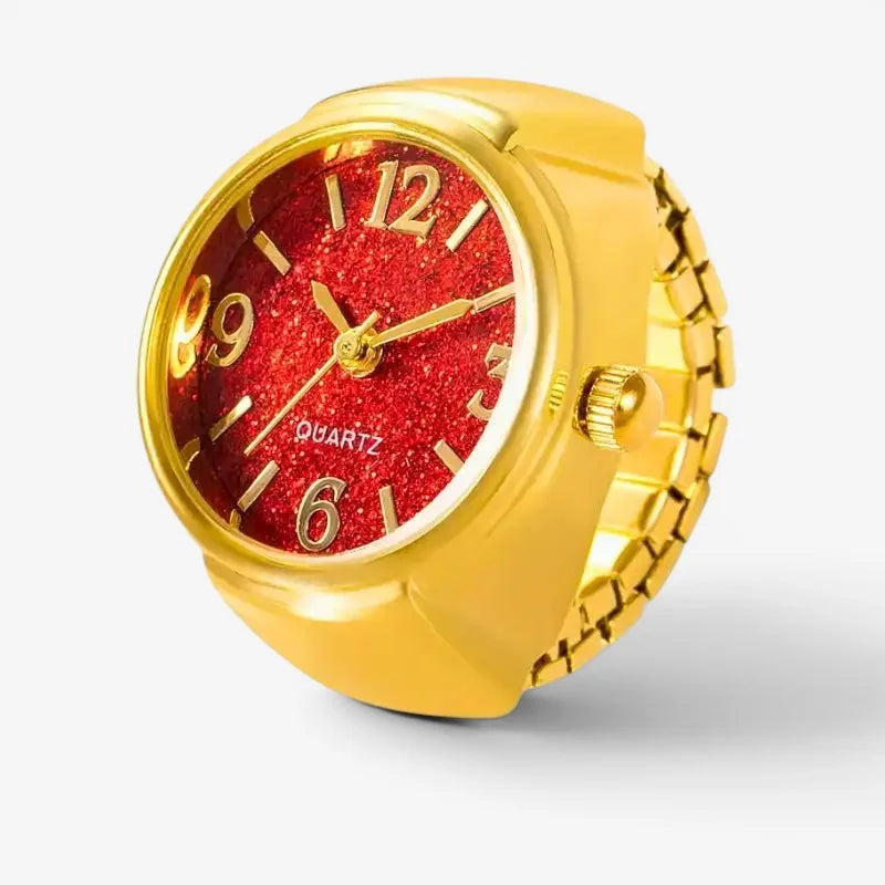 Gold-colored red quartz ring watch with sparkling red glitter face and gold-toned numerals for stylish wear