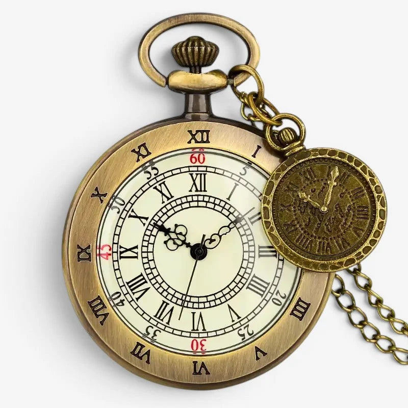 Retro pocket watch with antique brass finish roman numerals and matching chain for vintage style timekeeping