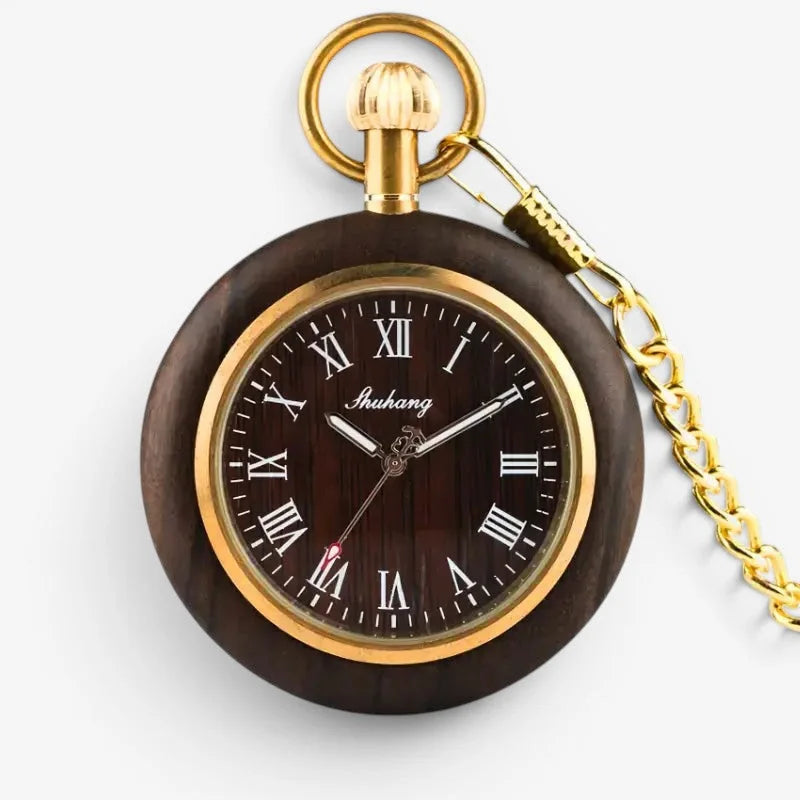 A dark wood roman numeral pocket watch with gold-toned bezel and chain for classic timekeeping