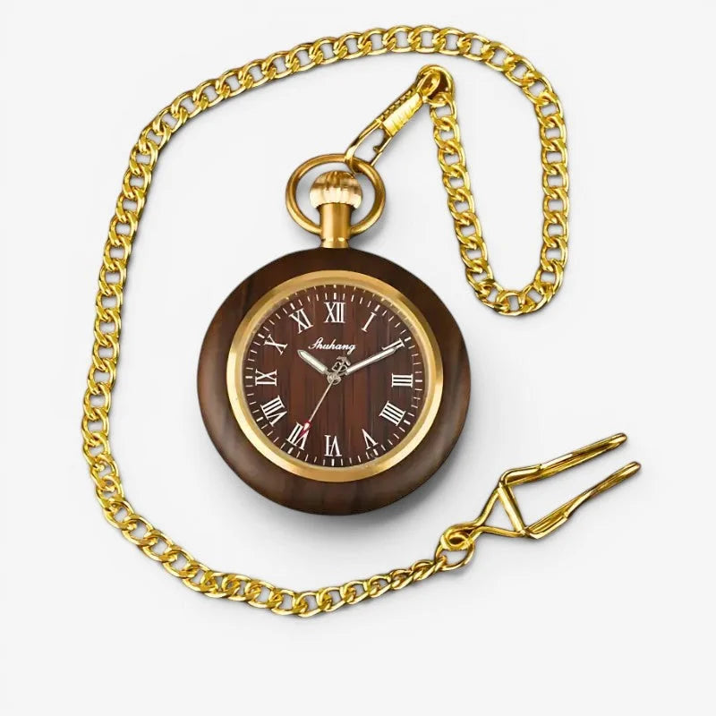 An elegant wooden pocket watch with a gold-toned chain and roman numeral dial for classic timekeeping