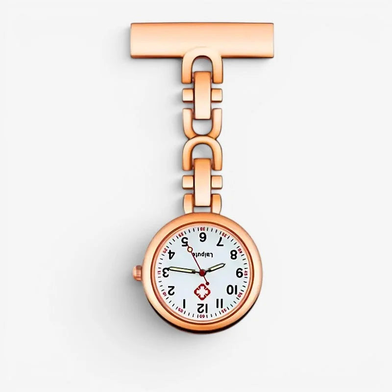 Rose gold nurse watch with a white face, black numerals and hands, featuring a red cross emblem at the center