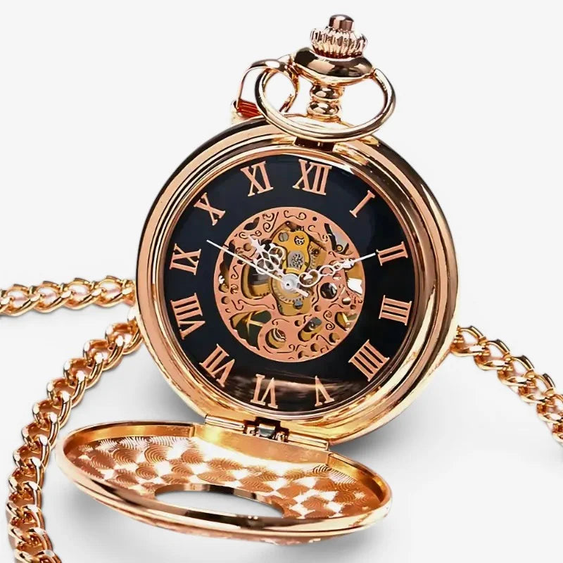 Rose gold Roman numeral pocket watch with a black face and exposed skeleton design in a golden case
