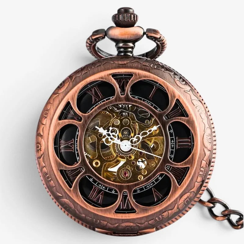 Rose gold skeleton pocket watch with antique bronze finish and intricate gearwork featuring roman numeral markings