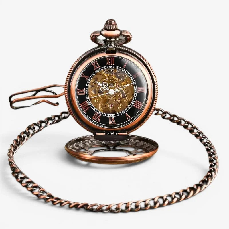 Rose gold skeleton pocket watch with antique bronze finish visible skeletonized movement and roman numeral markers