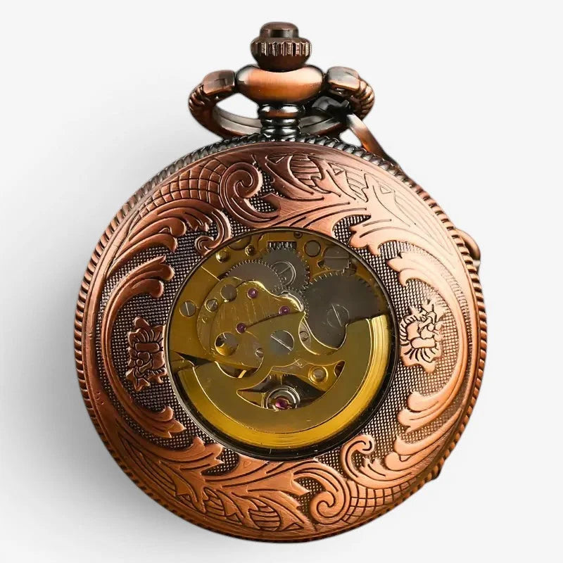 Rose gold skeleton pocket watch featuring antique-style copper with intricate floral engraving and visible golden gears