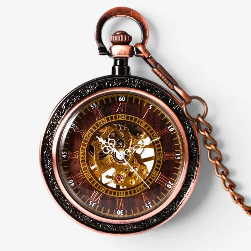 Rose gold steampunk pocket watch with antique bronze finish visible mechanical movement roman numerals and chain